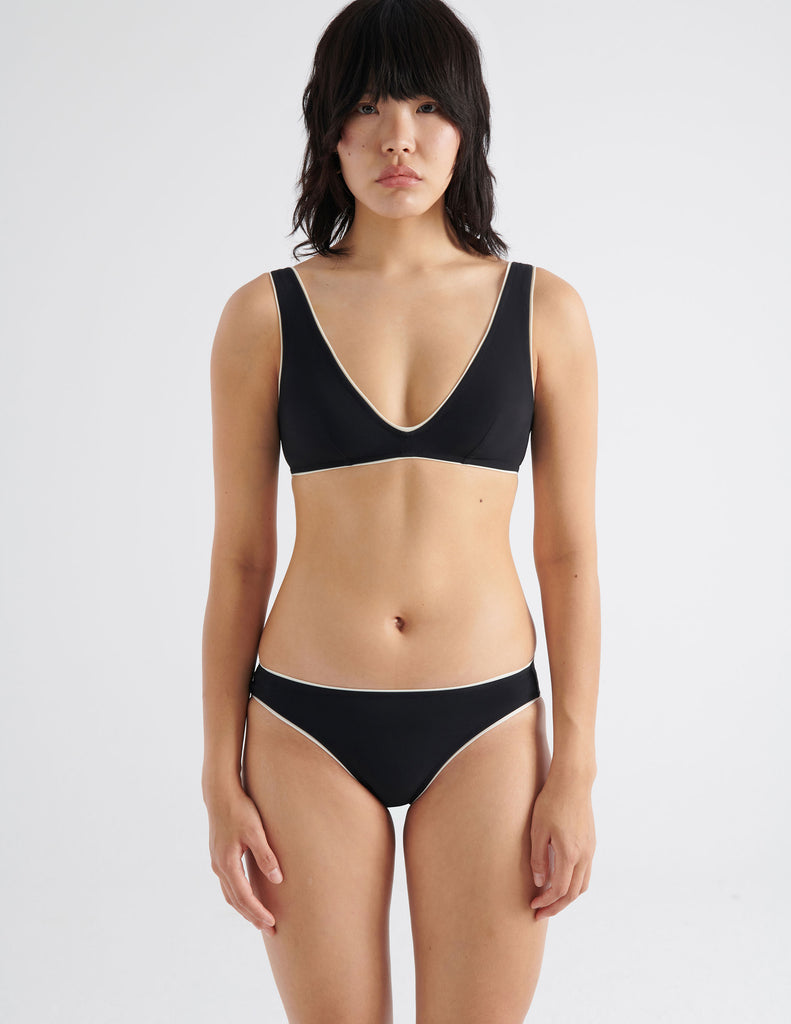 On model image of black bikini top and bottom