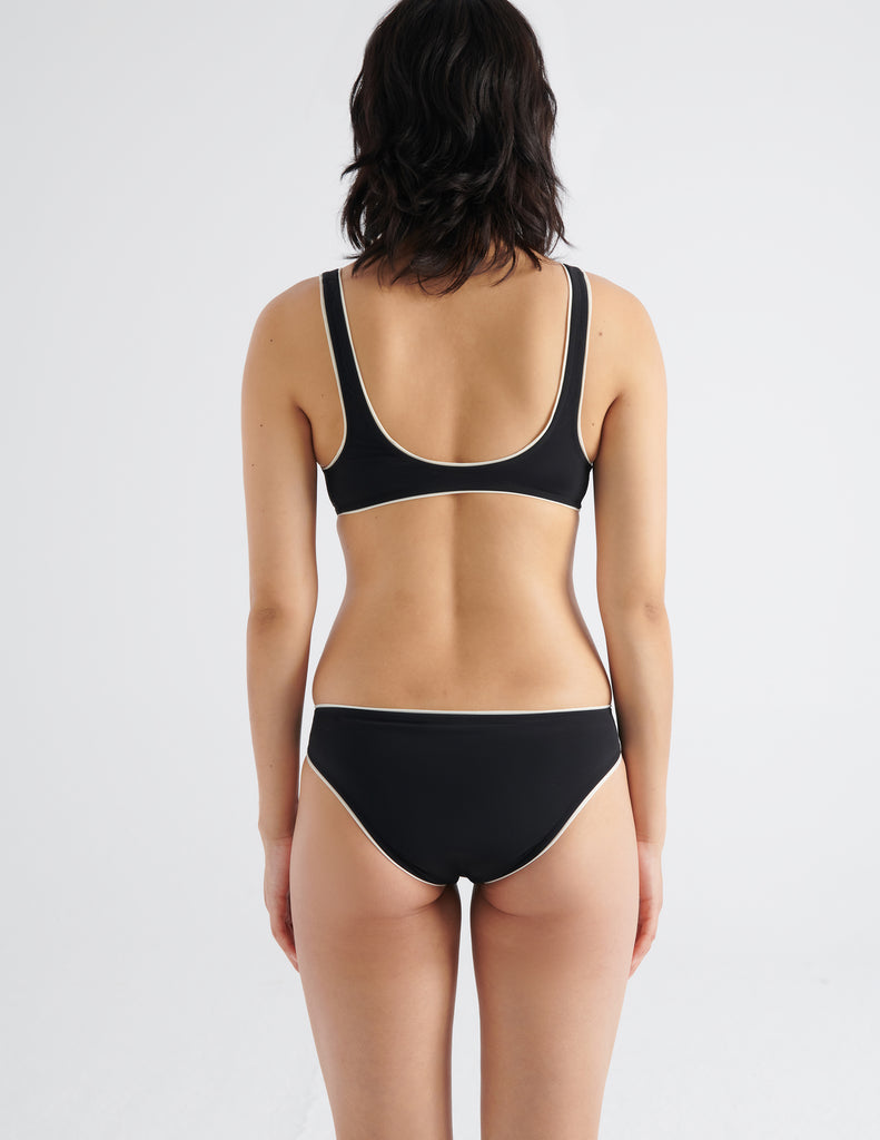 On model image of backside of black bikini top and bottom