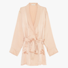Beige short silk charmeuse robe with georgette label and two front pockets.