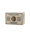 Packaging box of Marius Fabre stain removing soap bars with one bar visible through a cut-out window.