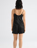 on model back shot of woman in black silk cami and short 
