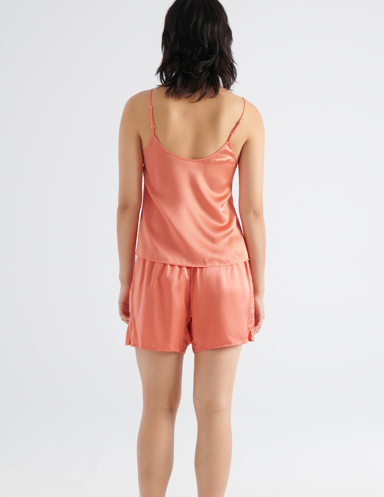 Back view of pink silk cami and matching pajama shorts.