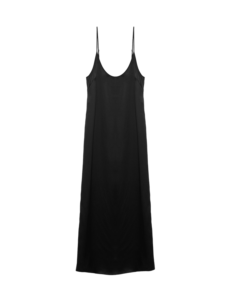 An ankle length silk slip dress in black.