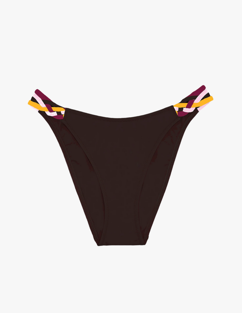 brown bikini bottom with red, yellow, pink and brown braided sides by Araks