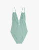 front of blue one piece swimsuit with deep neckline by Araks