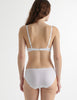 Back view image of model wearing white cotton underwire bra with white trim with matching panty. 