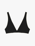 Flat image of black bikini top with white piping