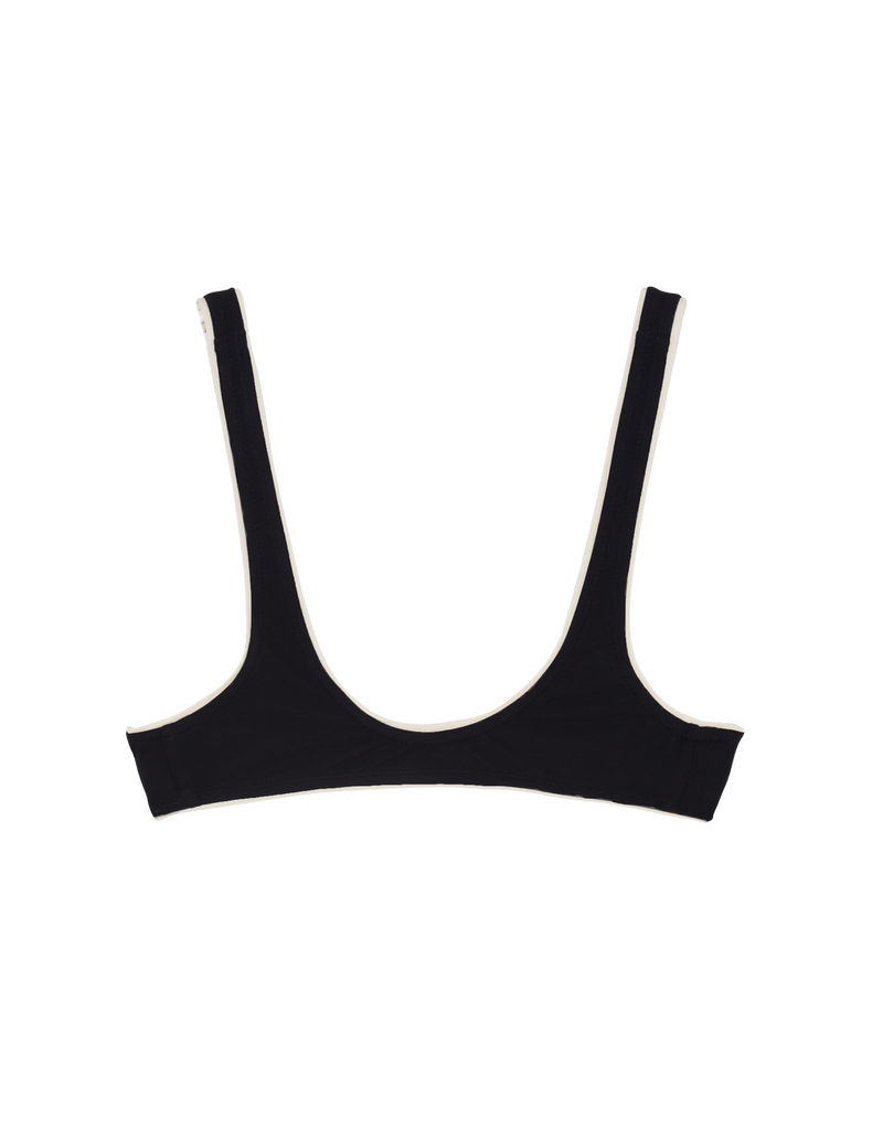 Flat image of back of black swim top