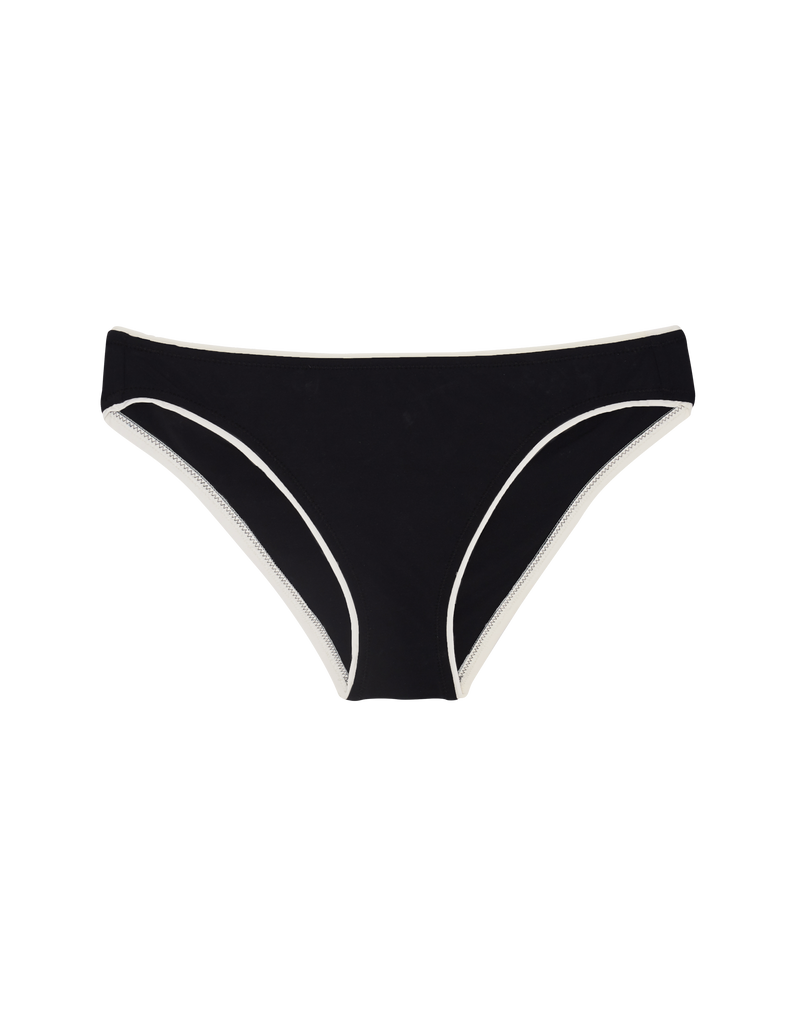 Flat image of black bikini bottom with white piping