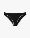 Flat image of black bikini bottom with white piping