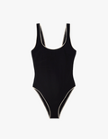 Flat image of black one piece swimsuit with white piping