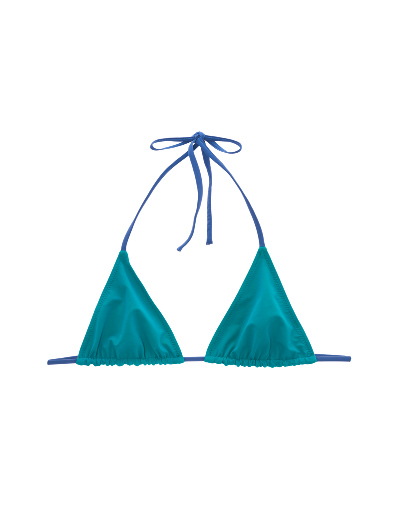 a flat lay image of a blue nelle bikini with dark blue string