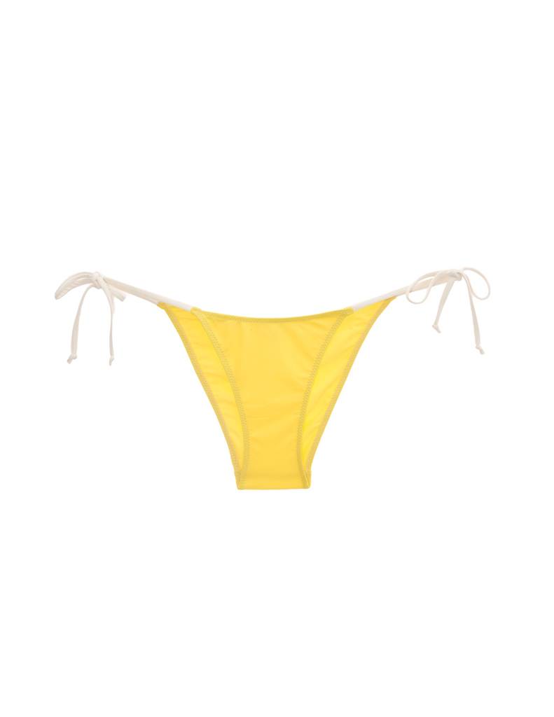 a flat lay image of a yellow bikini bottom with white string