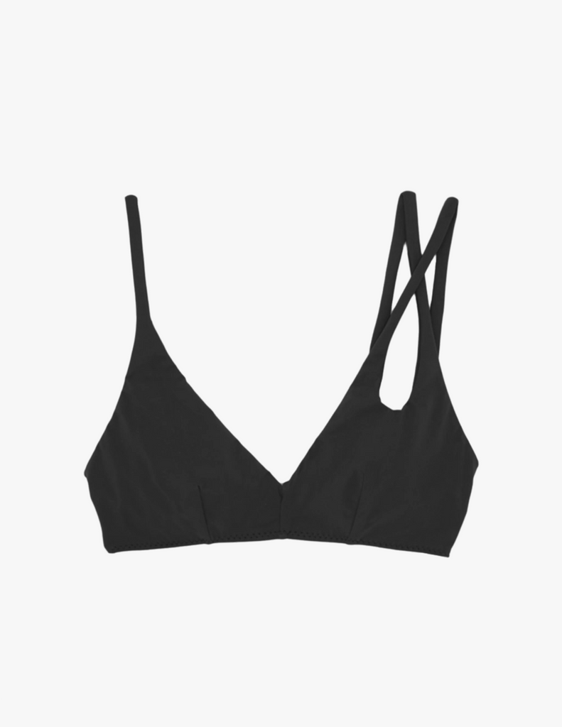 black bikini top with asymmetric crisscross straps by Araks