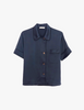 Navy silk collared short-sleeved sleep shirt with left breast pocket and contrast piping by Araks