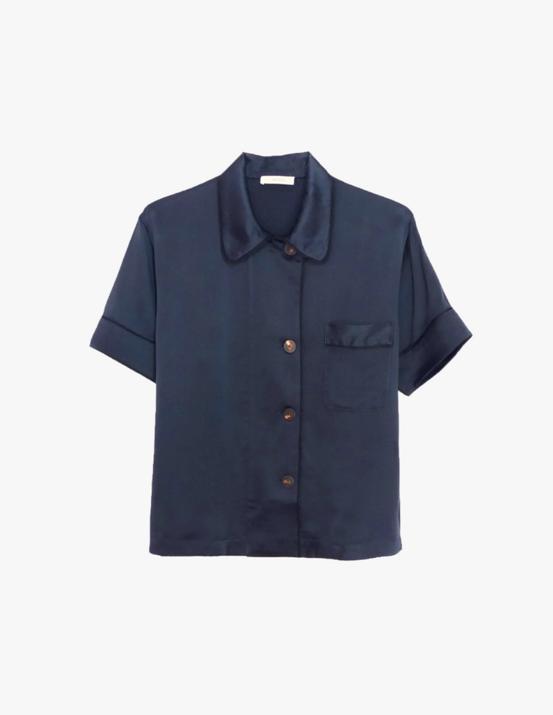 Navy silk collared short-sleeved sleep shirt with left breast pocket and contrast piping by Araks