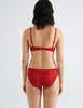 back view image of model wearing red lace bralette and panty