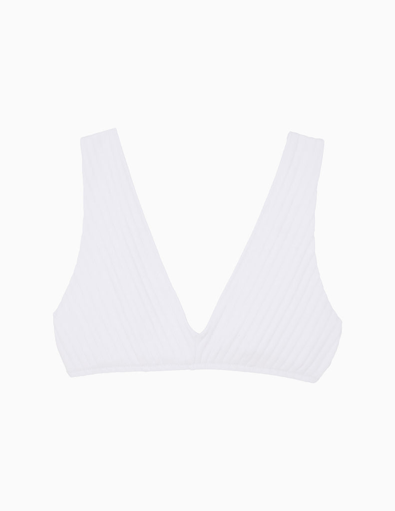 A white ribbed knit triangle bikini top with a deep V-neckline, shown flat against a solid white background.