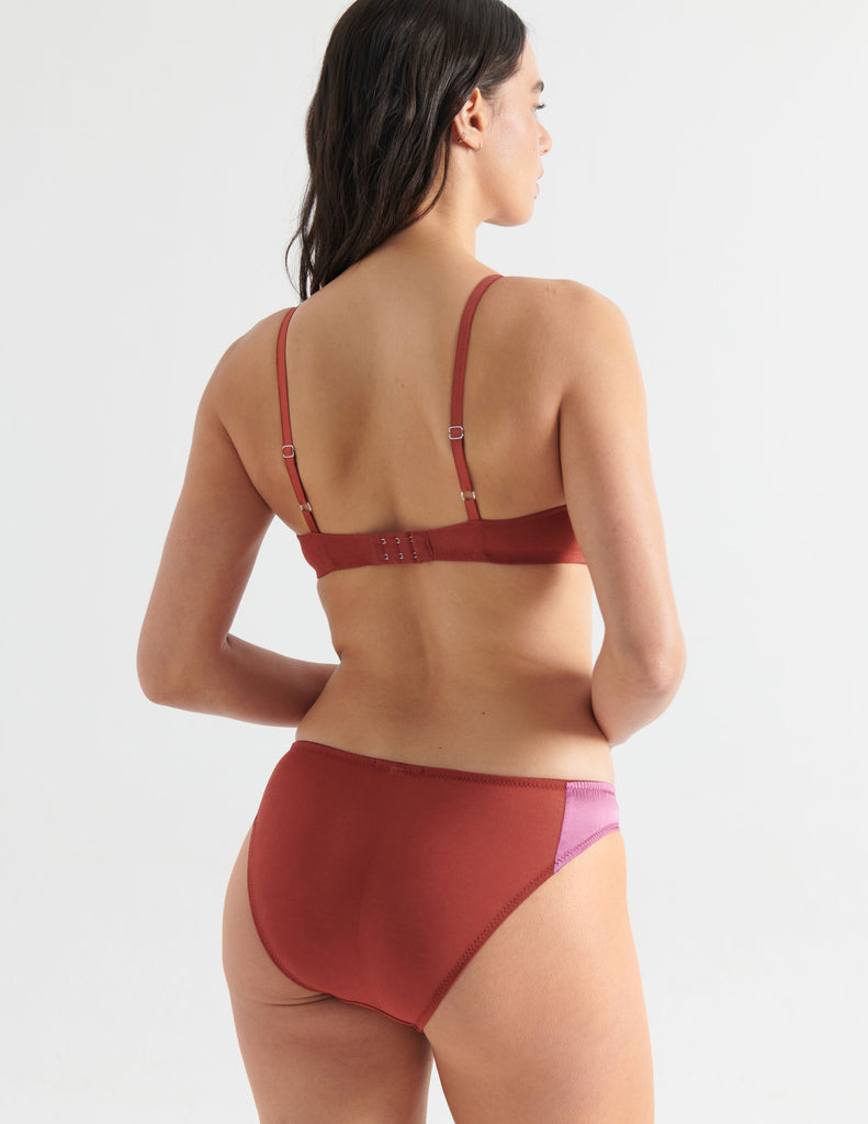 Back of Woman in brown and pink silk bralette and panty