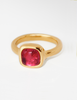 Image of Sophia Ring in solid 18k gold with soft edged square shaped pink tourmaline rubellite solitaire cabochon gem stone. 