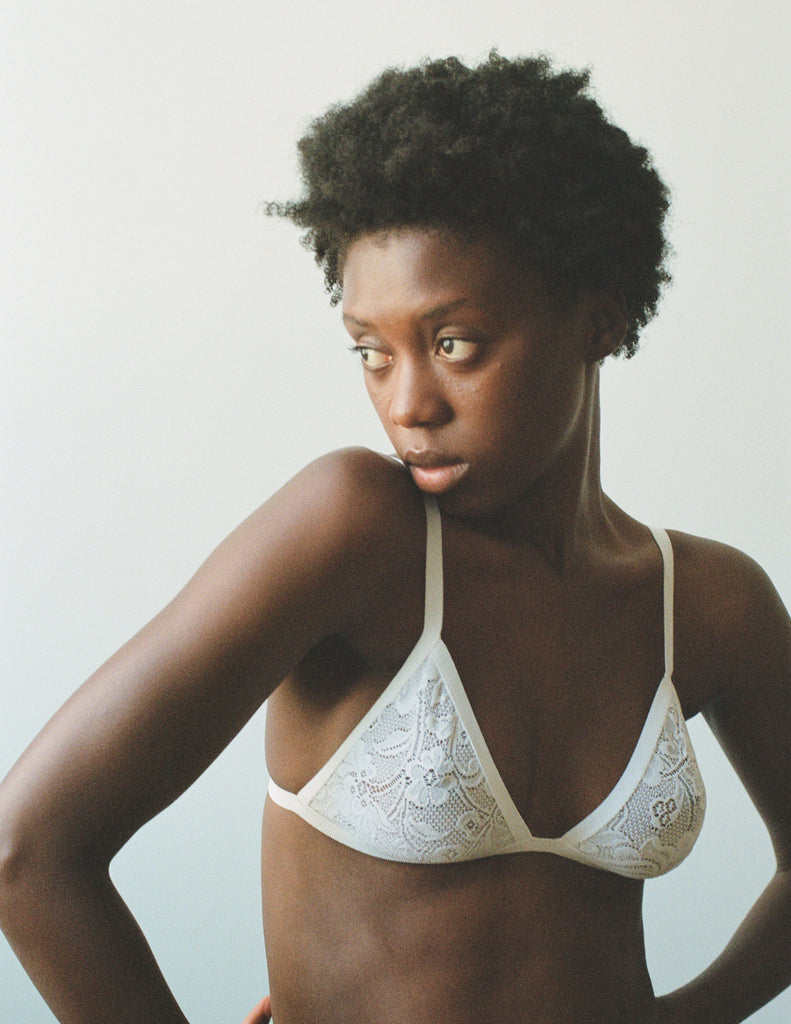 On model image of 3/4 view of white lace triangle bralette