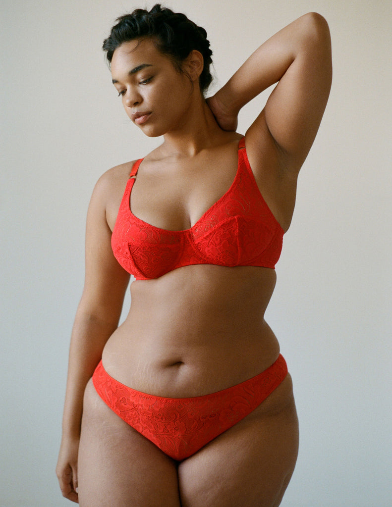 woman wearing red lace underwire bra and matching panty 