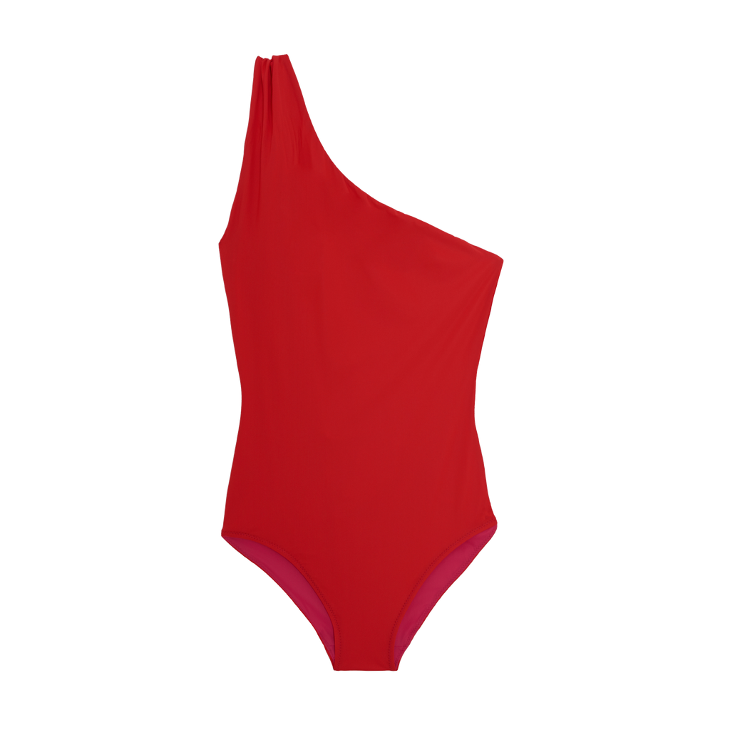 Front shot of red one piece swimsuit