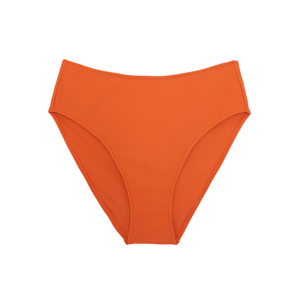 Orange high-waisted bikini bottom with high cut legs