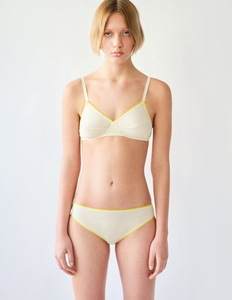 on model front shot of yellow cotton bra and panty