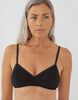 Front view of woman wearing black bralette with black trim