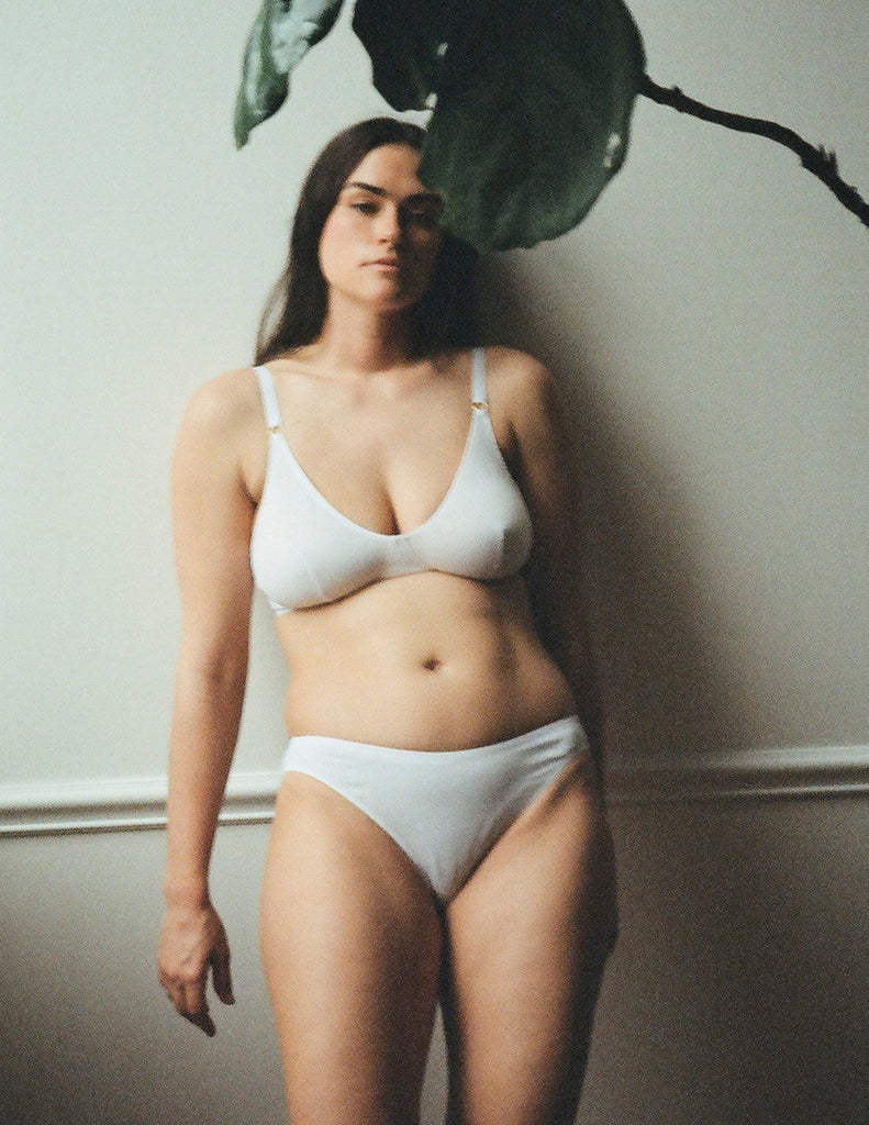 Woman wearing white bra and matching panty.