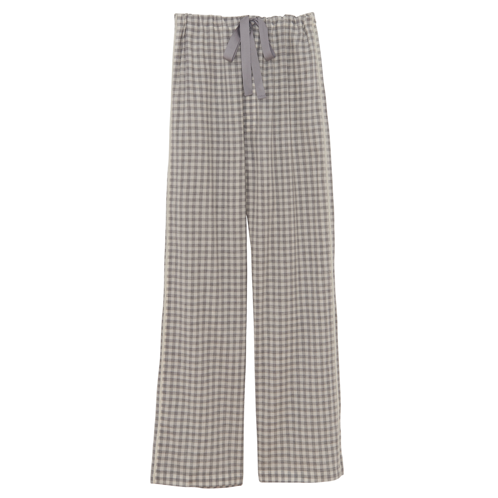 Green gingham silk pajama pants with a cotton twill tape drawstring.