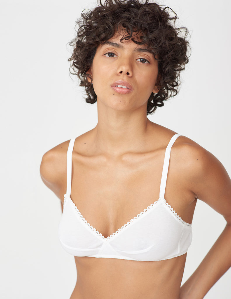 Front view of woman wearing white bralette with white trim.
