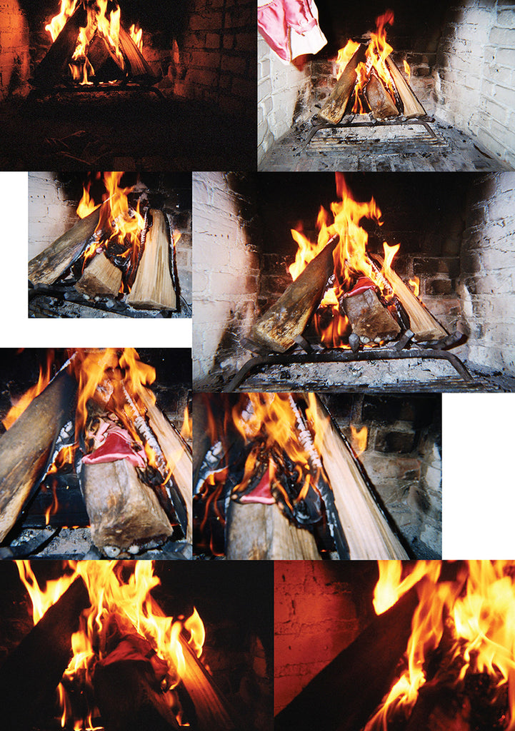 Various images with an indoor fire pit, displaying a pink panty