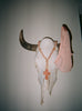 Wall decor with a cross necklace, light pink panty hanging on the horn