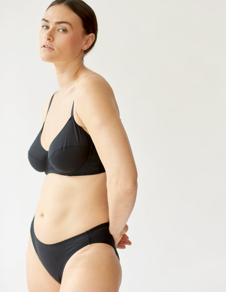 On model 3/4 image of black cotton underwire bra and panty