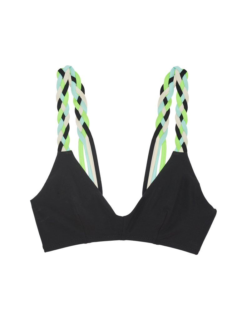black bikini top with white, green, blue and black straps by Araks