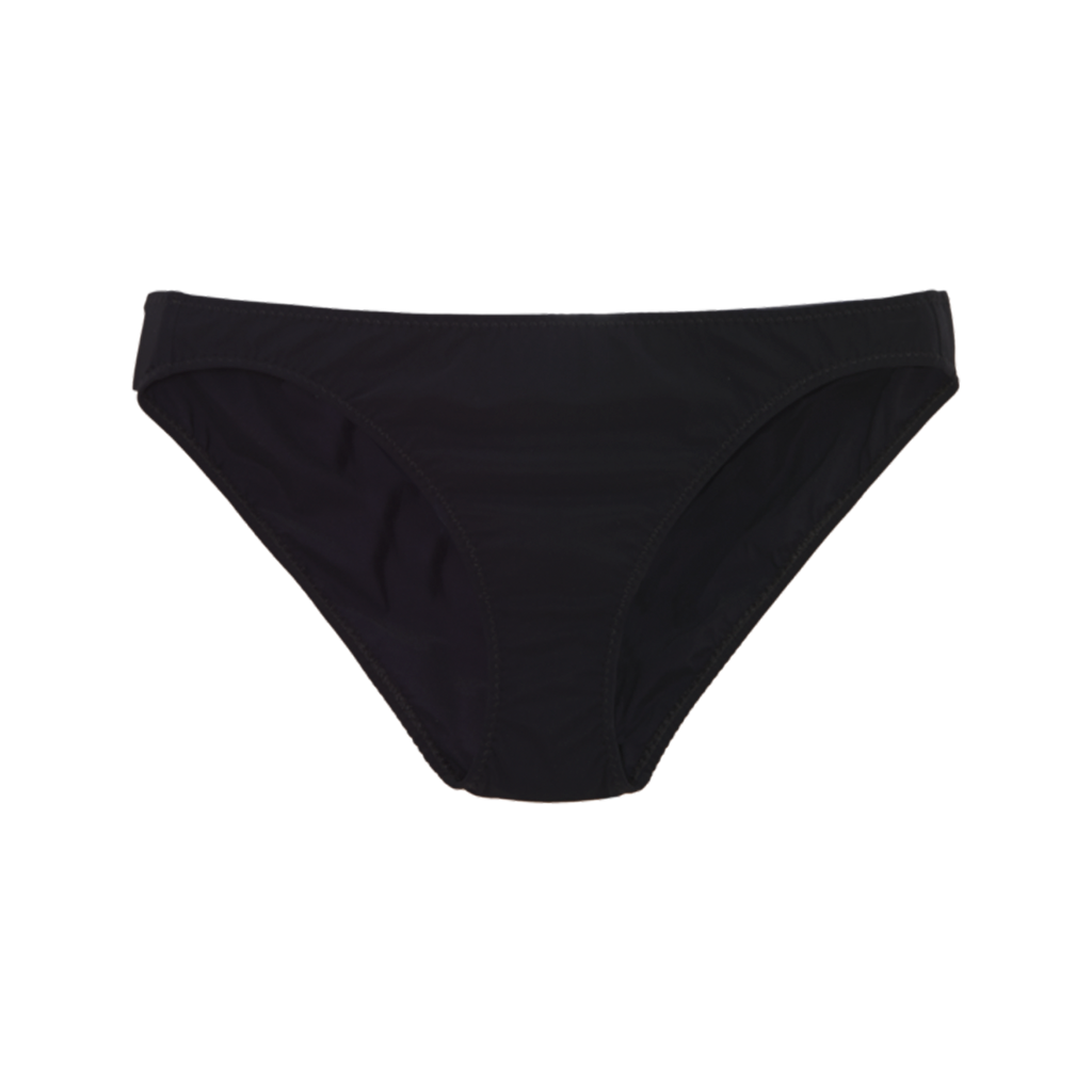Black low-rise swim bottoms.