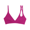 Hot pink bikini top with asymmetrical crisscross strap.
