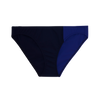 Asymmetrical color-blocked navy and blue low-rise bikini bottom.