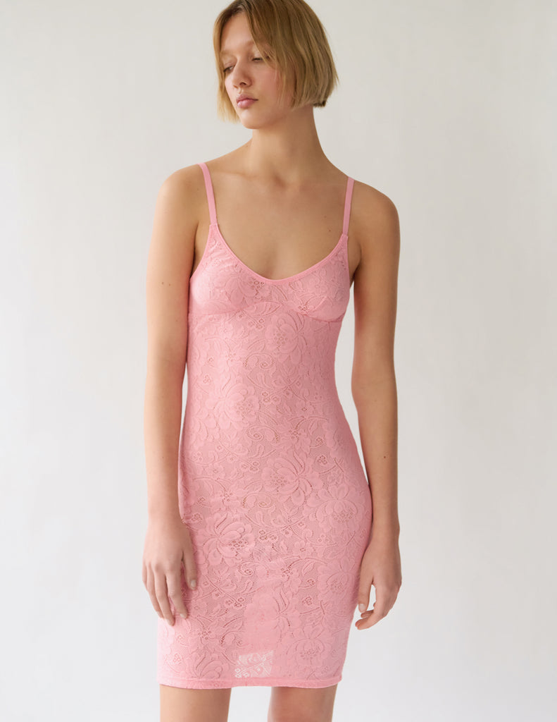 front view of pink lace dress