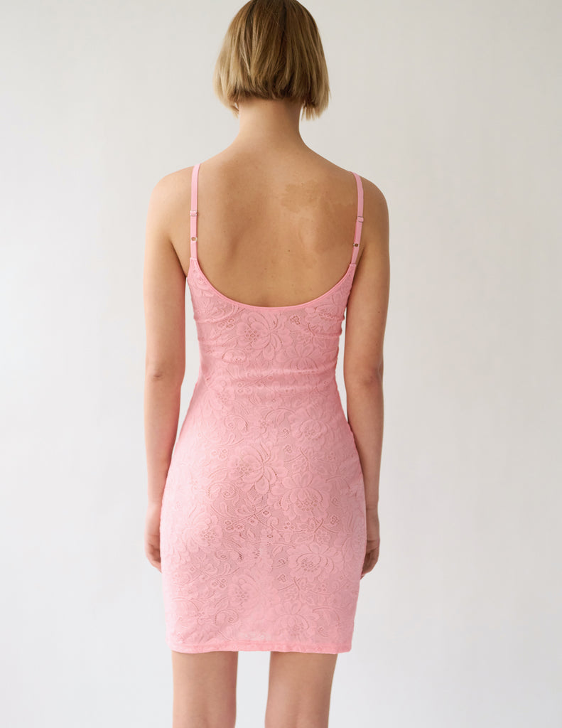 back view of pink lace dress