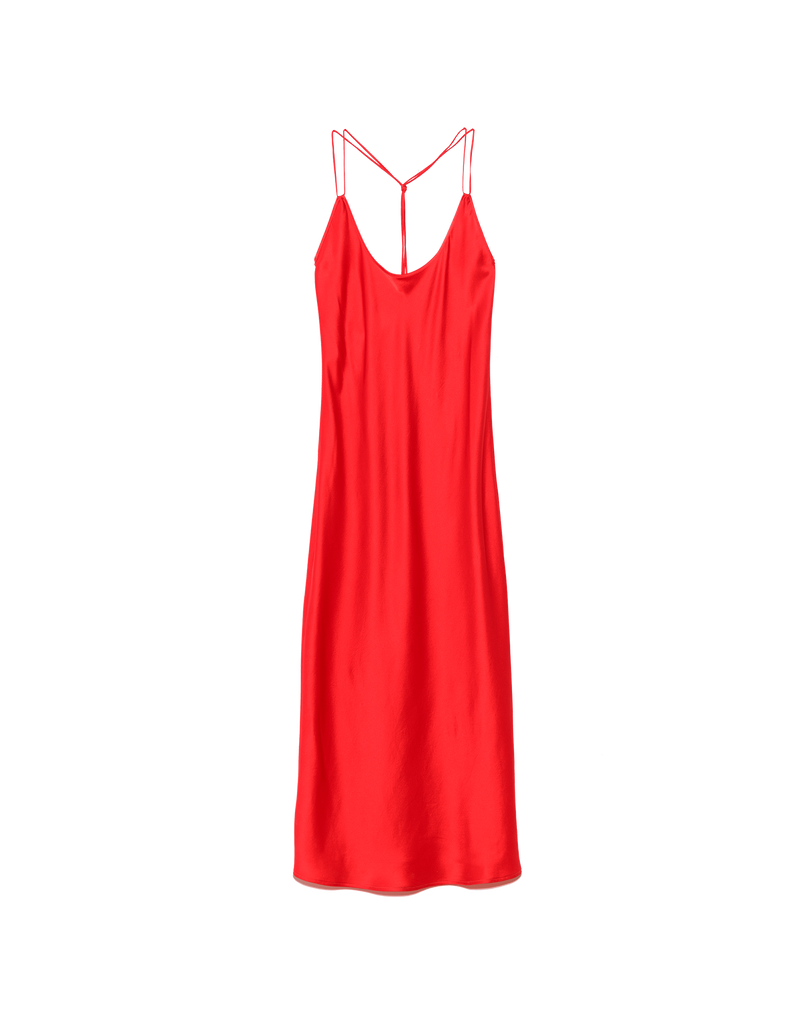 A red silk ankle length slip.