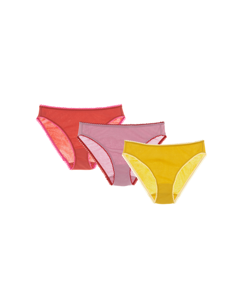 Three cotton panties in red, pink and yellow.