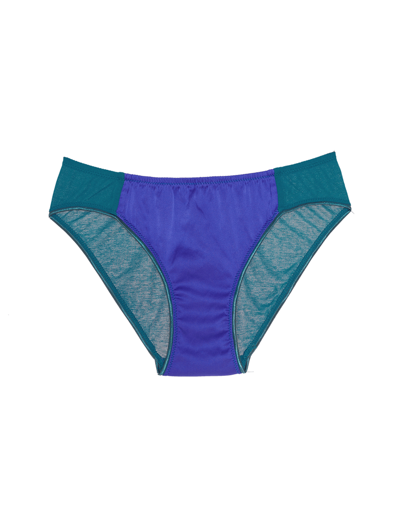 green cotton crepe panty with blue silk insert by Araks