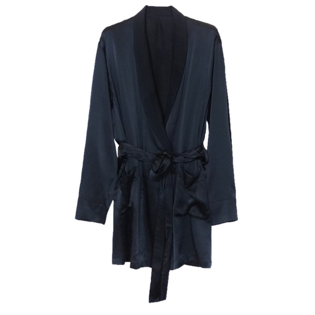 navy silk robe with tie belt