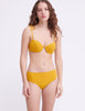 Woman wearing yellow underwire bikini and matching bottoms by Araks