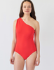 Front shot of women wearing red one piece swimsuit 