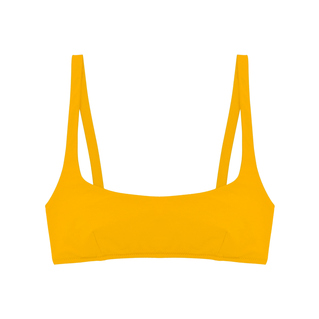 Yellow wide scoop neck bikini top with metal closure in back 