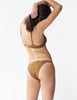 Back view of woman wearing a light brown bikini bottom with matching light brown bikini top